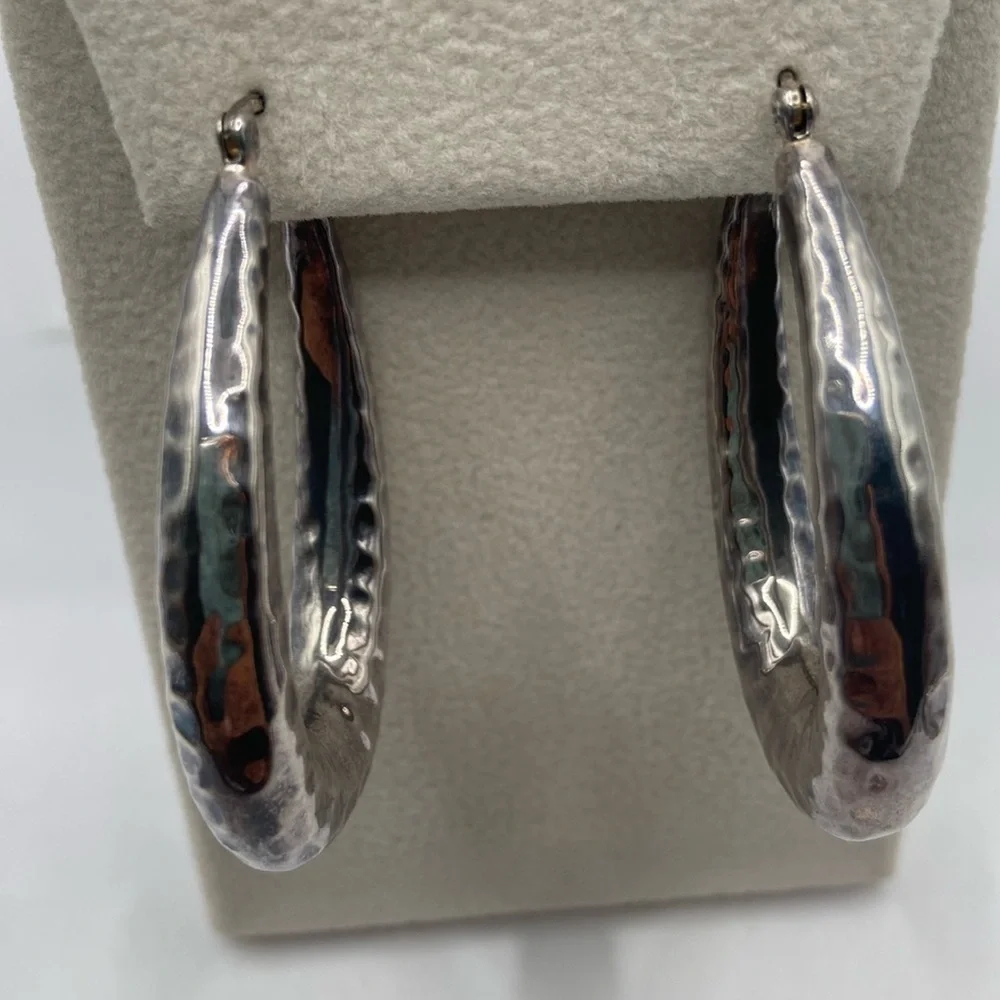 Elle Sterling Silver 925 Ruby Oval Hammered Earrings Pierced 1 3/4”L